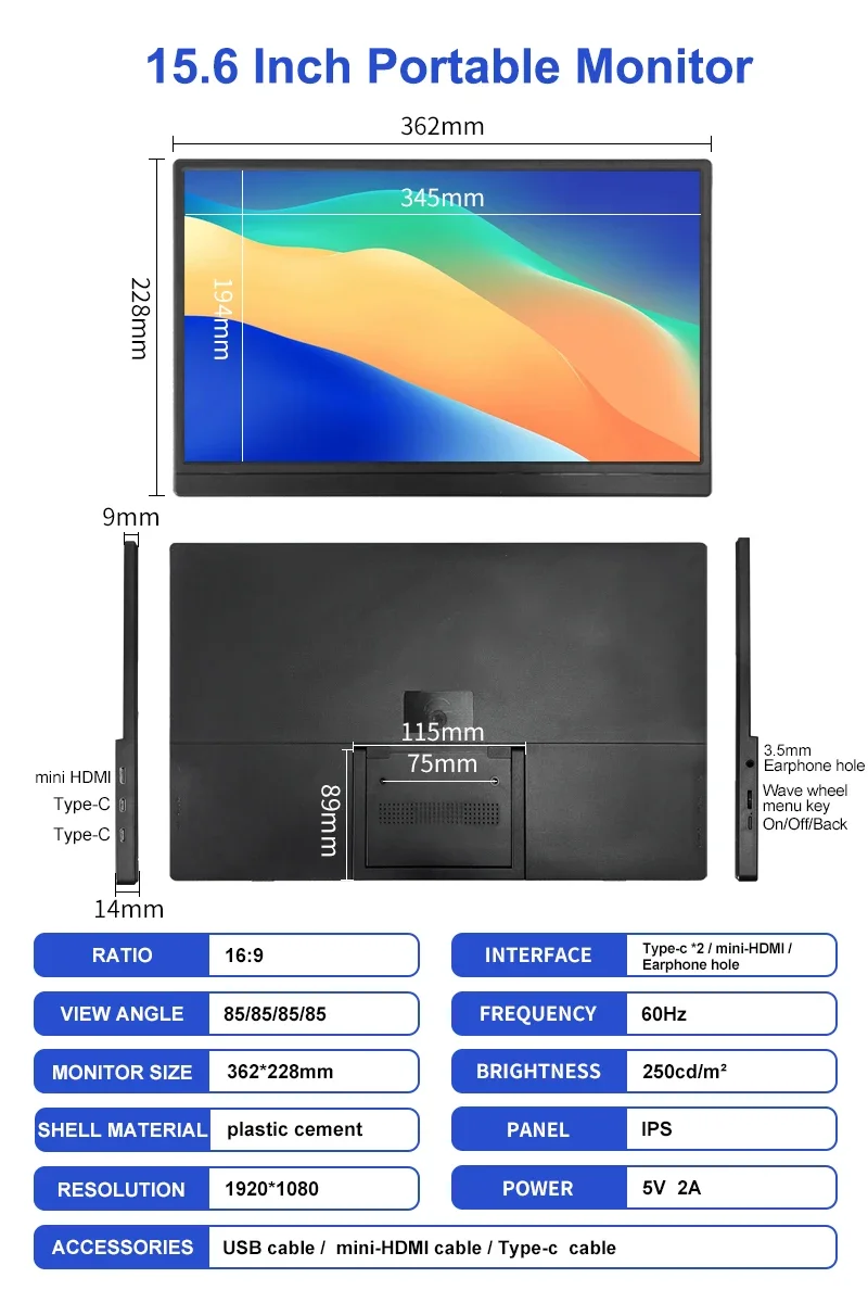 Portable Monitor 15.6 Inch 1080P Type C - 2026 Yeni Ultra Hafif Taşınabilir 15.6